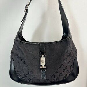 Vintage Authentic GUCCI Jackie Shoulder Bag Black Cloth & Leather W/ Dust Bag